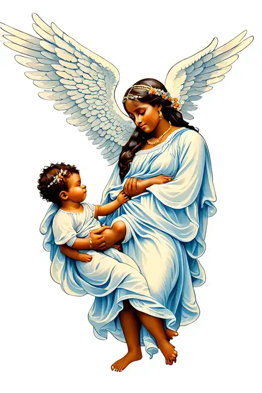 African American angel holding a baby tattoo design idea