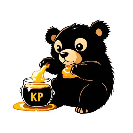 cute Bear eating honey from a honey pot with honey dripping over the side. the honey pot has KP written on it.  tattoo design idea