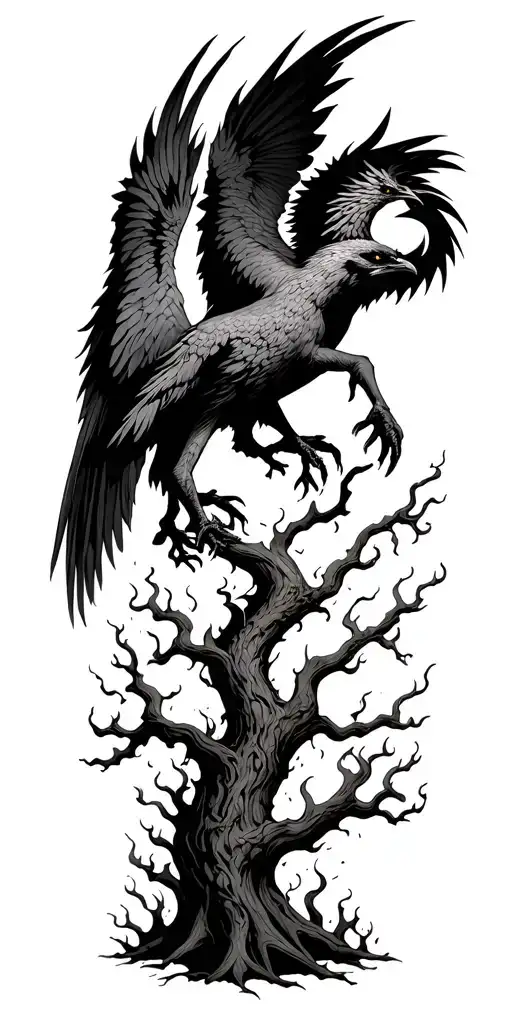 demonic figure burning a tree of life. a pheonix rising from those flames tattoo design idea