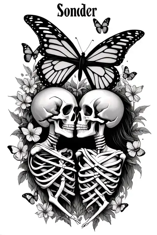 "Sonder" multiple butterflies surrounding 2 skeletons in love aesthetic tattoo design idea