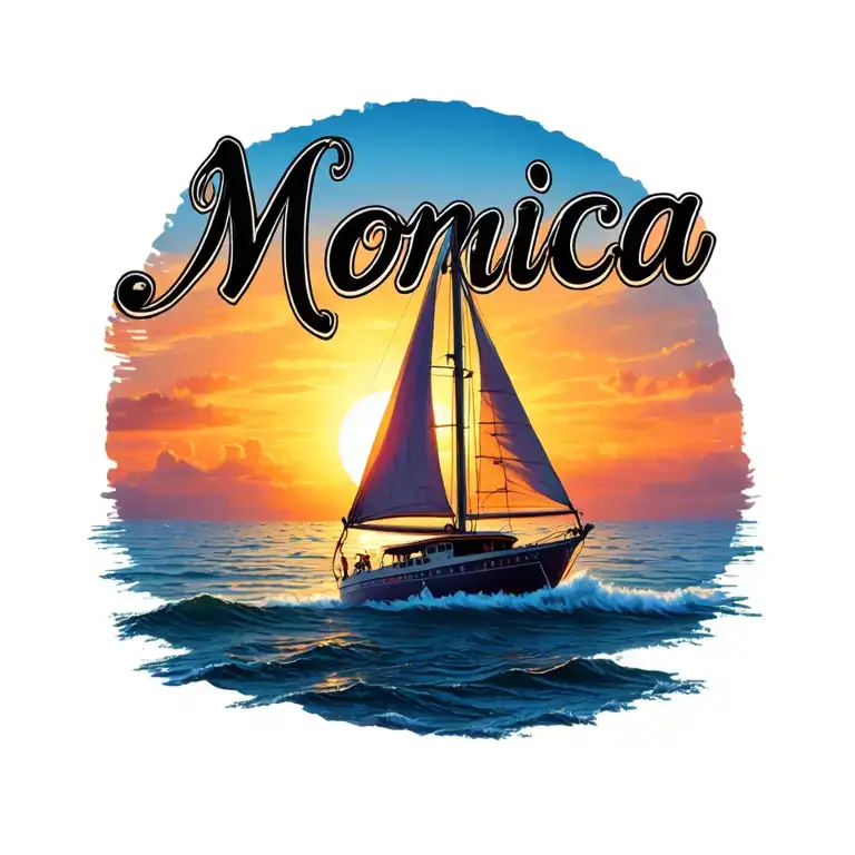 "Monica" Single sail boat with sunset back ground, vibrant colors for ocean and sky tattoo design idea