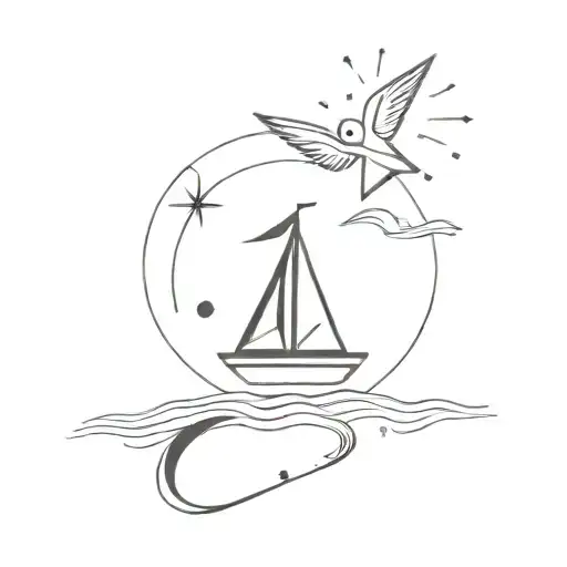 Paper airplane, music note, compass, sun, moon, star, anchor and birds combined minimalist tattoo tattoo design idea