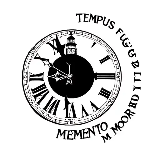 clock with text "TEMPUS FUGIT" above and "MEMENTO MORI" below and a lighthouse in the clock tattoo design idea