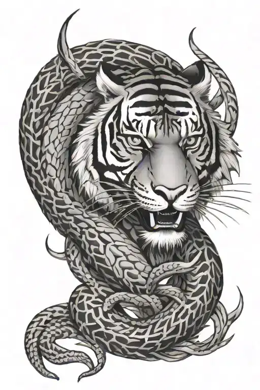 an upright snake with tiger stripes in the scales and horns tattoo design idea