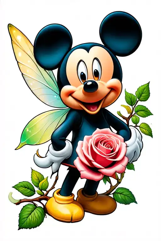 mickey mouse, tinker bell rose tree tattoo design idea