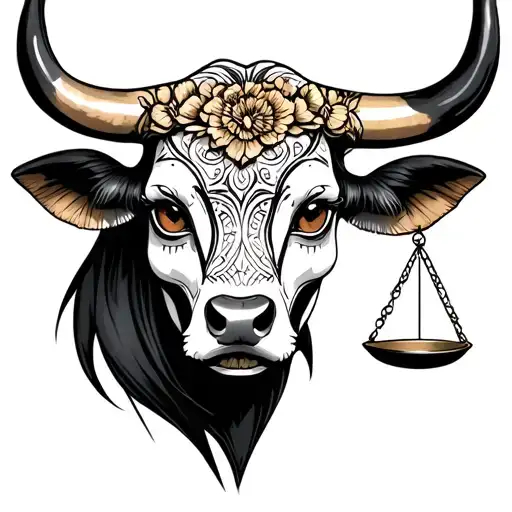feminine bull with sugar skull markings, brown eyes and two Libra scales and dark background tattoo design idea