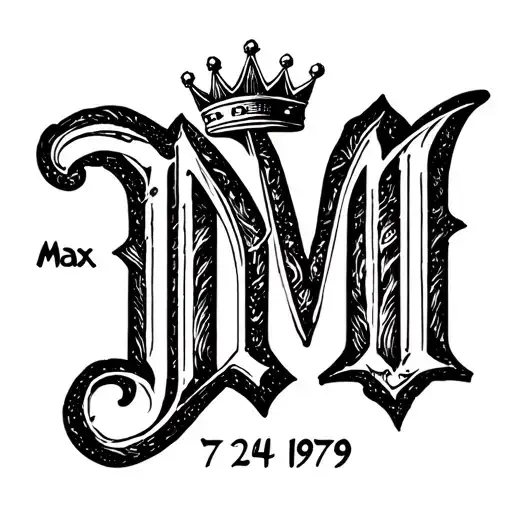 "Max " crown on top corner of M. with date of birth 7/24/1979 tattoo design idea