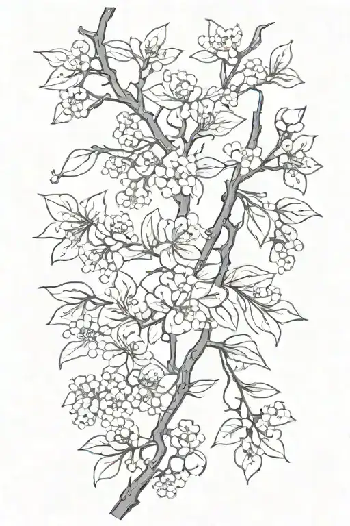 sideways skinny spooky cherry branch with minimal blossoms black and grey  tattoo design idea