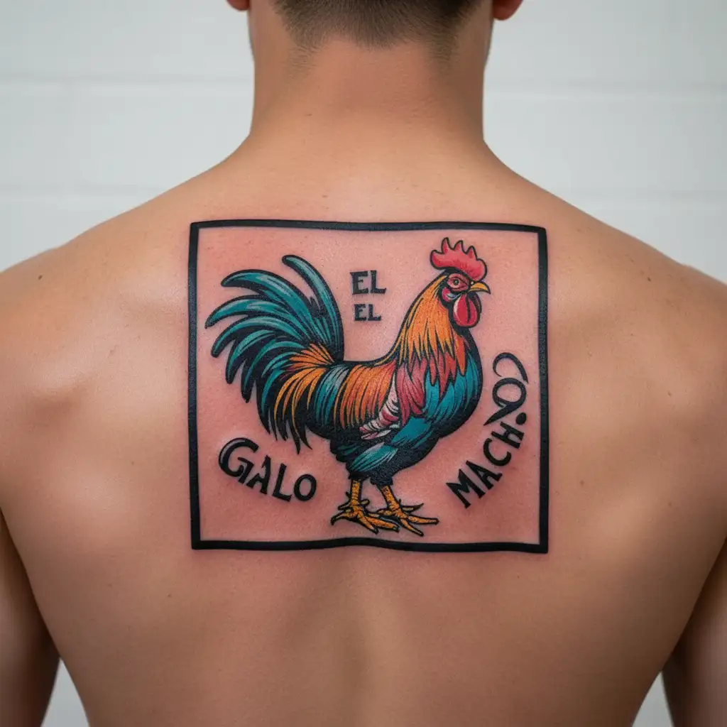 "El Gallo Macho" a smiling bandy rooster struts tattoo design idea