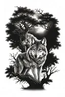 wolf under a oak tree tattoo design idea