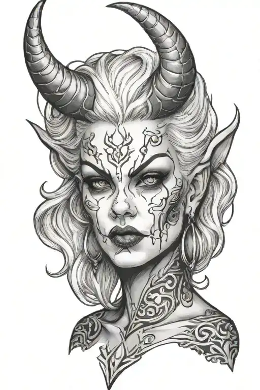 woman devil face white hair no horns tattoo design idea