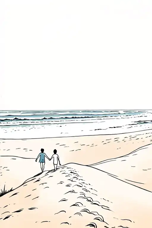 beach with large dune one side and a ocean on the other with two kids walking away holding hands tattoo design idea
