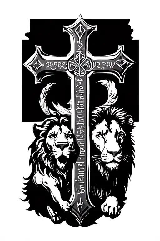 christian orthodox cross with lion and bible scripture tattoo design idea