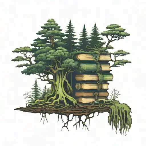 evergreen forest with roots and moss with a stack of 3 books  tattoo design idea