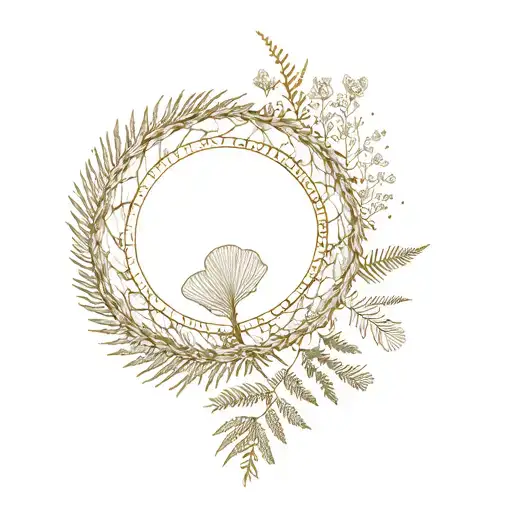 Ginkgo leaves forming a spiral around a golden ratio circle, with delicate wildflowers and fern details tattoo design idea