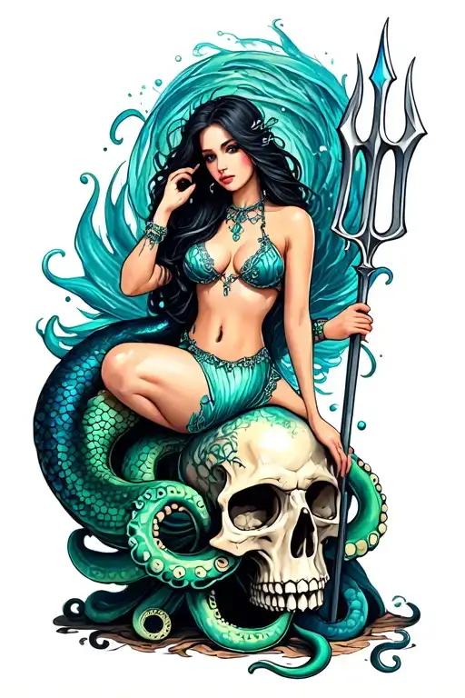 sexy siren mermaid sitting on an octopus skull hybrid holding a trident tattoo design idea