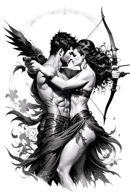 male gemini in love with female Sagittarius archer shooting tattoo design idea