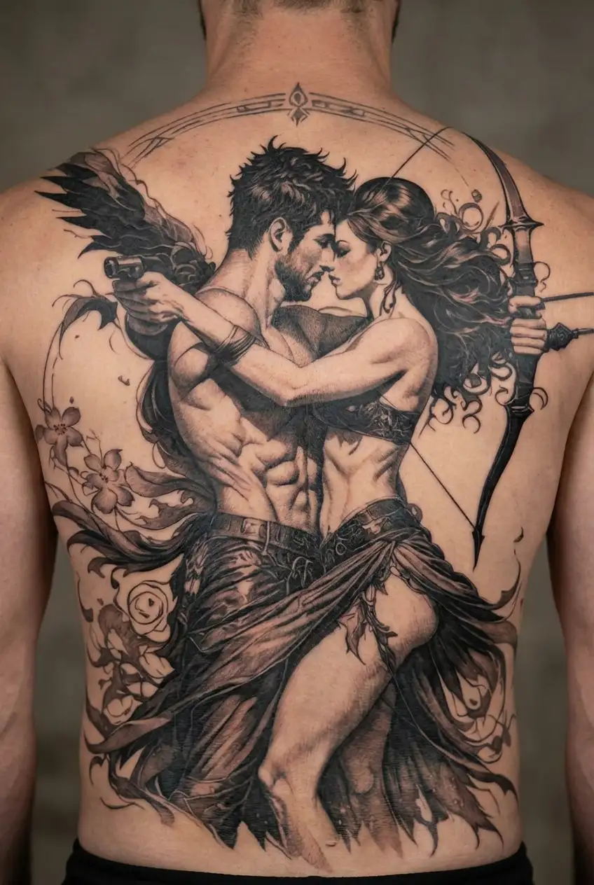 male gemini in love with female Sagittarius archer shooting tattoo design idea