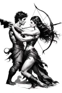 male gemini in love with female Sagittarius archer shooting tattoo design idea