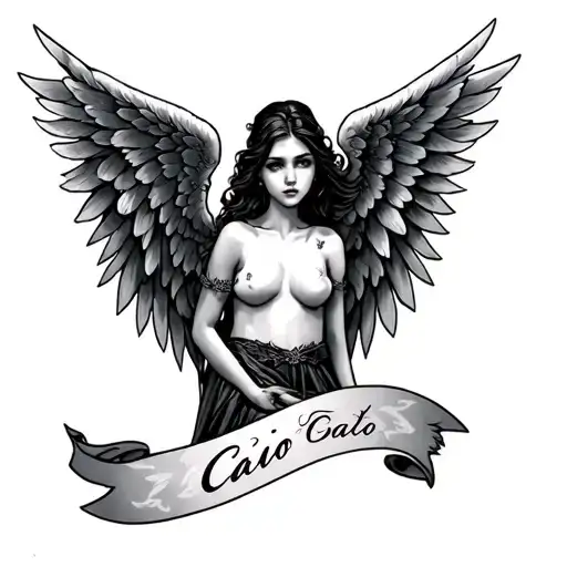 angel wings and the feminine name caio on the arm tattoo design idea