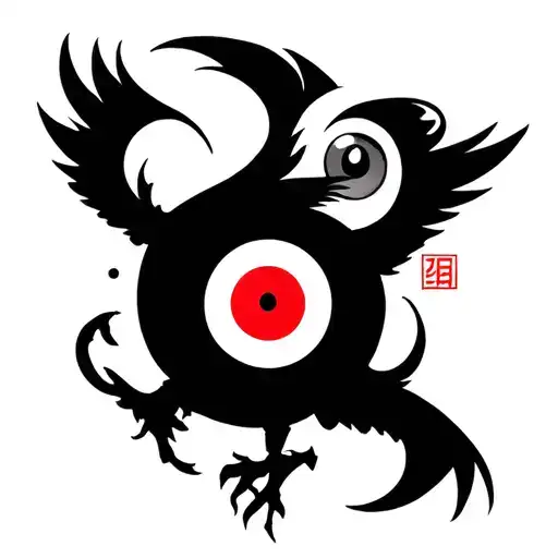 raven with mangekyo sharingan in the eye takes the kanji 力 with the beak tattoo design idea