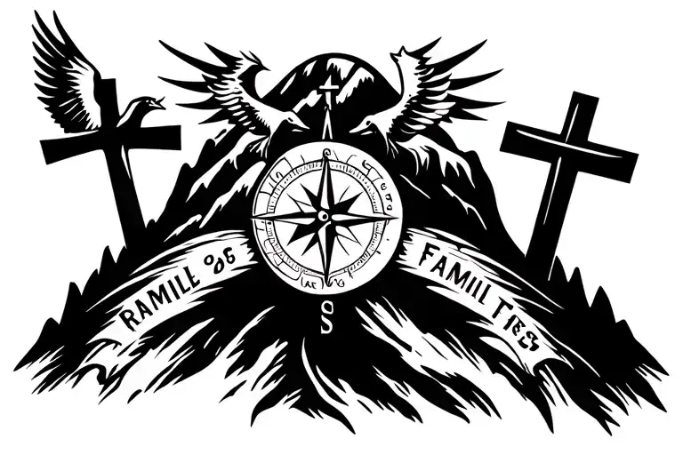 Three Christian crosses on a hill and the dove of the Holy Spirit fly and they carry a small ligament of cancer patients and a compass on which the word family has a and a tattoo design idea