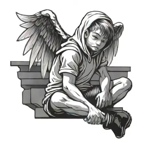 drawing for a tattoo boy sitting on a wall with a hood and boxing bands in his hands add a cherub angel tattoo design idea