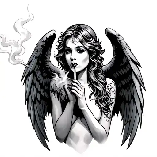 angel smoking a cigarette with devil wings tattoo design idea