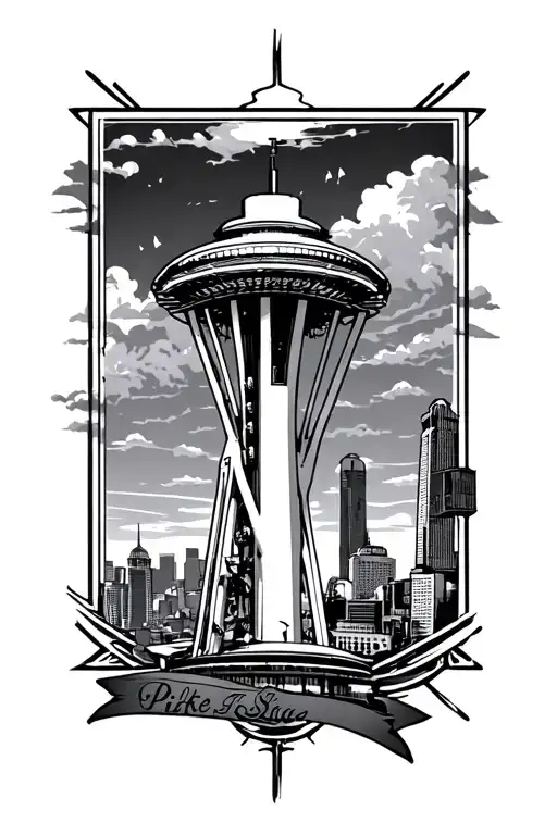 pike place, Seattle, space needle theme sleeve tattoo design idea