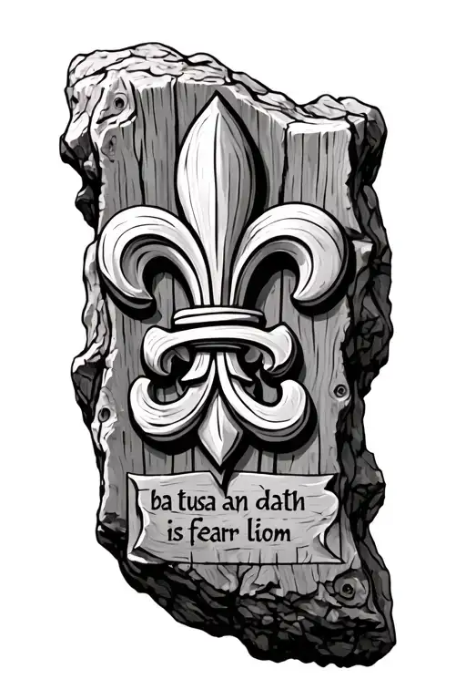 fleur de lis made of irish knots of worn wood mounted on worn stone with the engraving "ba tusa an dath is fearr liom" tattoo design idea