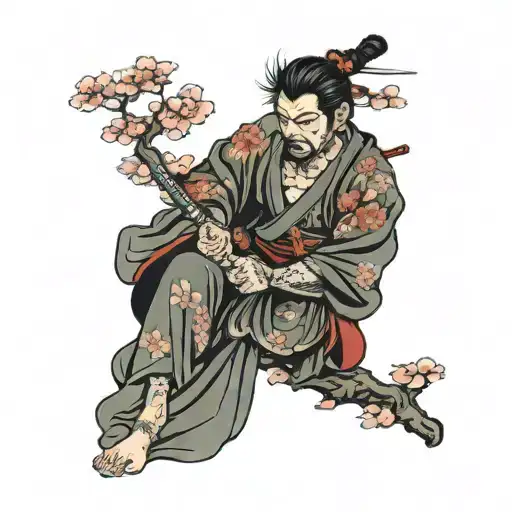 Japanese Sakura tree with samurai tattoo design idea