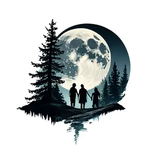 "with full moon and 3 siblings " forest scene tattoo design idea
