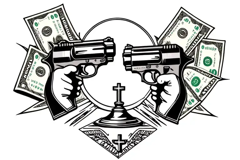 holy communion with guns and money tattoo design idea