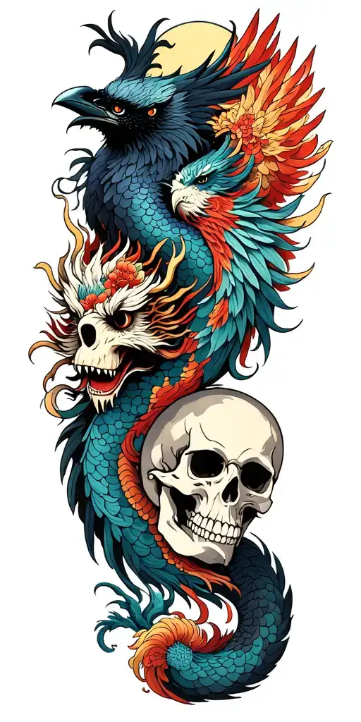 Chinese dragon and phoenix and skull and moon and raven tattoo design idea