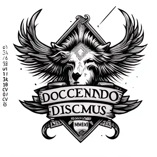 Make a tattoo of a rudis with words Docendo Discimus on it. On the rudis put the dates MCMXCV - MMXXV/ Also inscribe MMI tattoo design idea