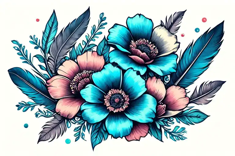 flowers feathers falling tattoo design idea