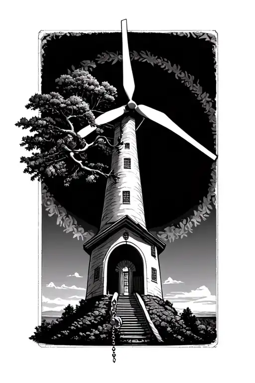 a wind turbine with a family tree in front of it with a rosary  tattoo design idea