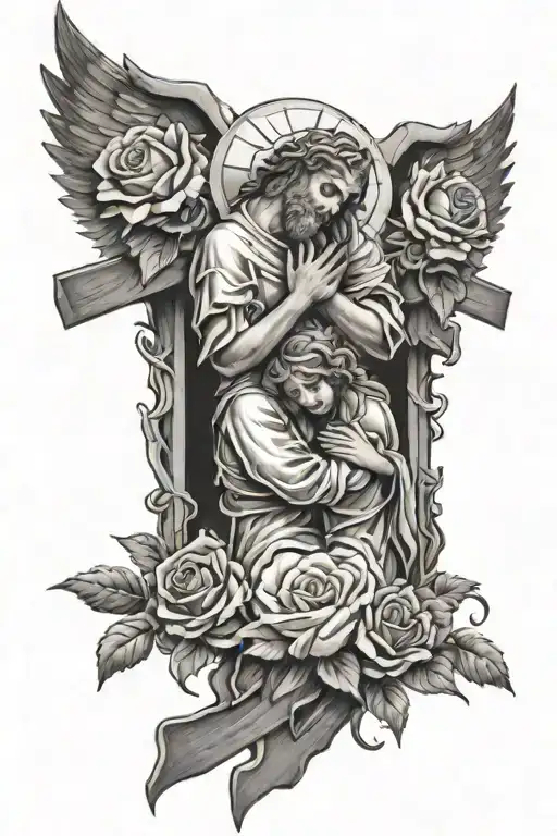 rays of sun, 2 angels hugging, 2 crosses, with roses at the bottom, and someone praying to the crosses  tattoo design idea
