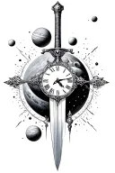 space, planets, time clock, sword tattoo design idea