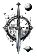 space, planets, time clock, sword tattoo design idea
