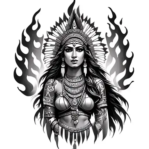 Aztec female goddess with flames surrounding tattoo design idea