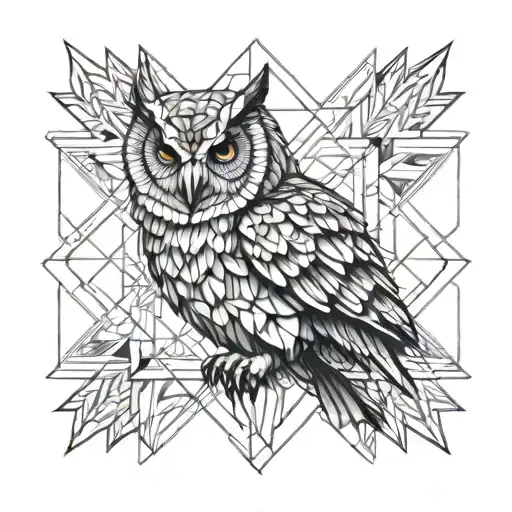 owl preparing to fly with geometric background tattoo design idea