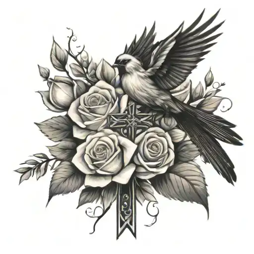 cross, white roses,cardinal tattoo design idea