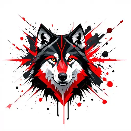 A geometric tattoo design featuring abstract wolf  wearing war paint, trash polka black and red, honey comb behind.  tattoo design idea