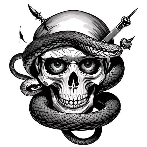 skull, snake wrapped, woman's eyes, knife, heart, spider web, grim reaper, fire tattoo design idea
