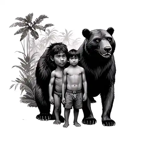In the center, young Mowgli is standing together with Baloo the bear and Bagheera the black panther in a dense jungle. A tattoo design idea