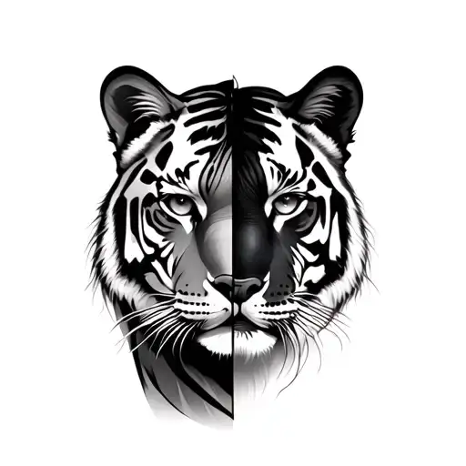 equally split right side girl face and left side tiger tattoo design idea