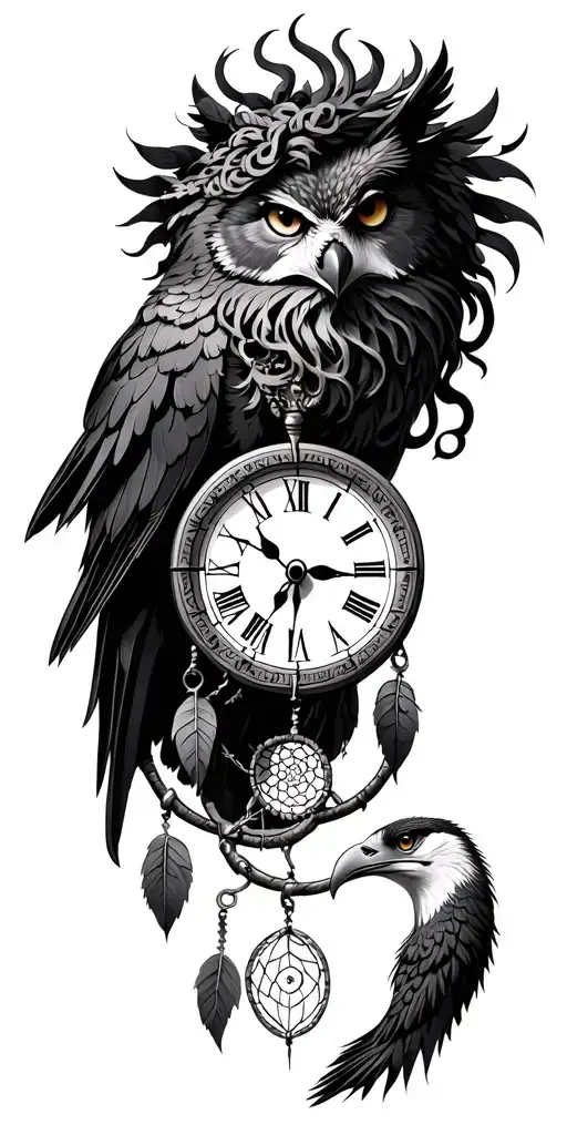 clock, Medusa, owl, crow, wolf, eagle, dream catcher, tattoo design idea