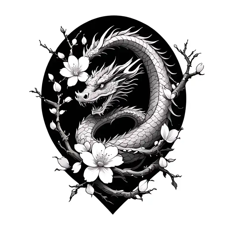 cherry blossom branches with flowers and dragon wrapped shoulder tattoo tattoo design idea