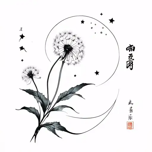 Dandelion,Lotus flower, Tiny mountain + wave line, Crescent moon with stars with my Chinese 莊丽絲 tattoo design idea